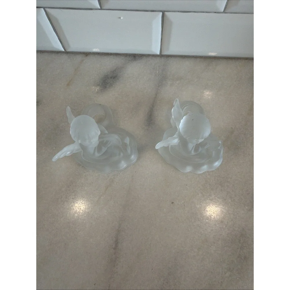 Set Of 2 Vintage 1995 MJ Hummel Frosted Crystal Glass Candle Holder Angel Avon 2